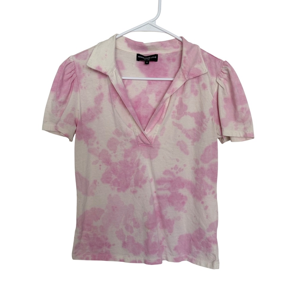 Generation Love Pink Tie Dye Puff Sleeve Polo Shirt V-Neck Cotton Tee Womens XS